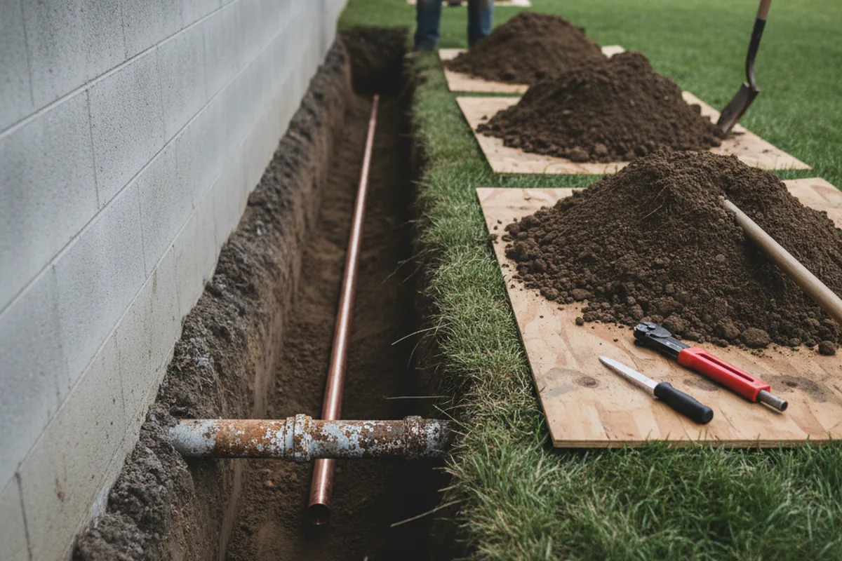 Excavated water line trench during Water Softener Installation in Hope